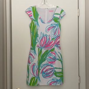 White Lilly Pulitzer Pattern V-Neck Dress